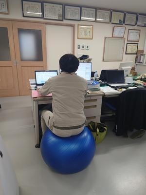 バランスボールに座って作業する社員の姿